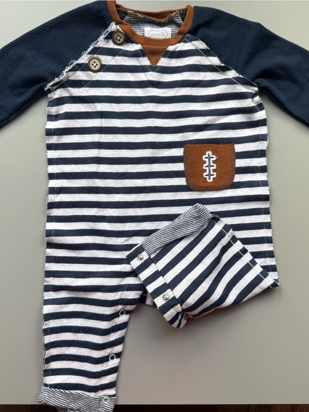 Mud Pie Navy and White Striped Football Romper with Brown Patch